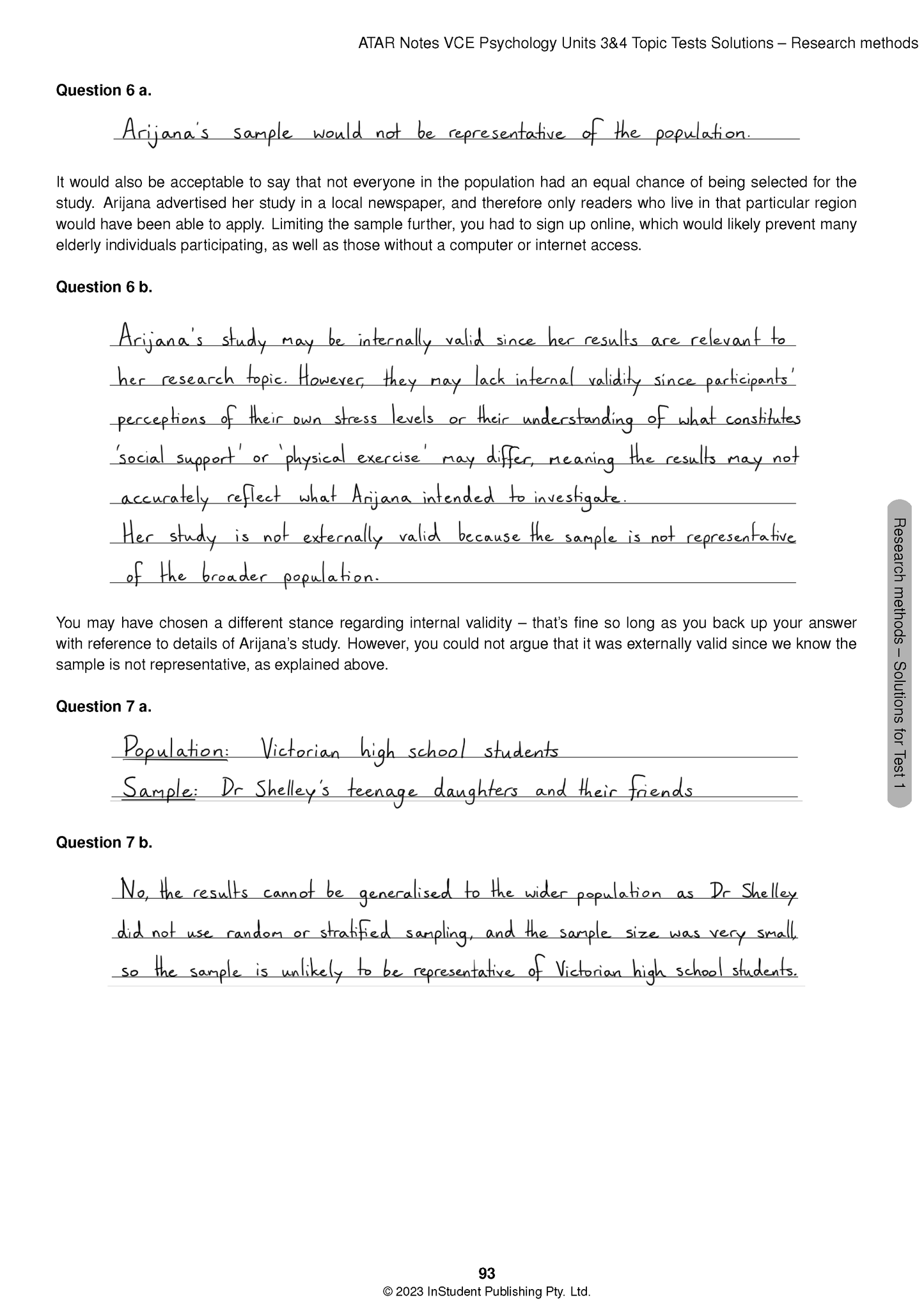 Psychology Topic Tests for VCE 3&4 (2024-2026) by ATAR Notes, showing a white page with handwritten answers for research methods questions.