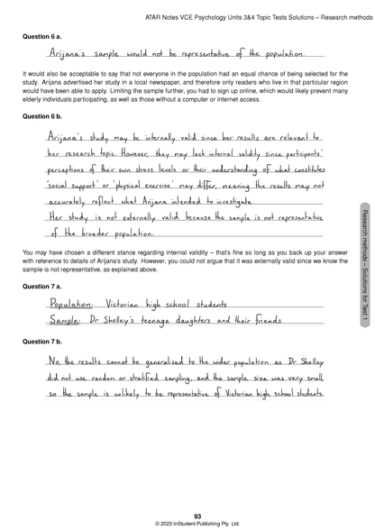 Psychology Topic Tests for VCE 3&4 (2024-2026) by ATAR Notes, showing a white page with handwritten answers for research methods questions.