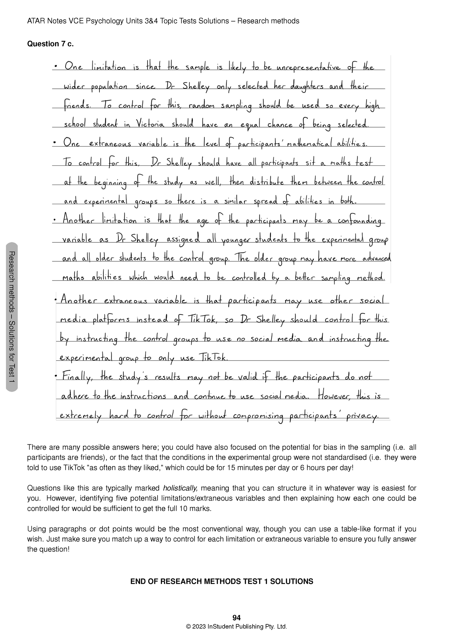 Topic Tests solution page by ATAR Notes for VCE Psychology 3&4, with handwritten and printed text.