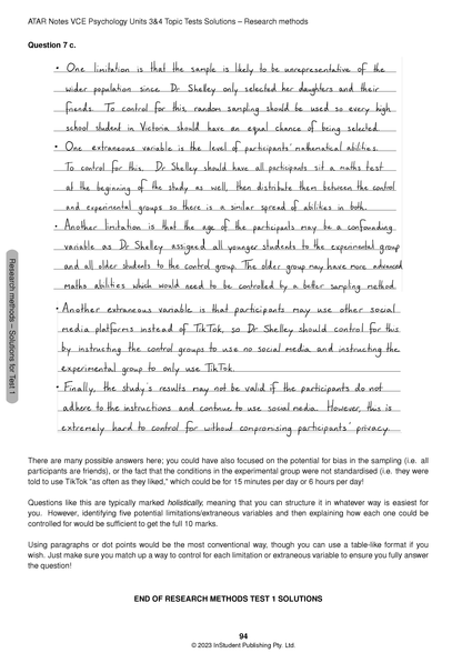 Topic Tests solution page by ATAR Notes for VCE Psychology 3&4, with handwritten and printed text.