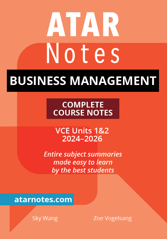 Orange and red Business Management Course Notes by ATAR Notes, displaying black and white text for VCE Units 1&2 (2024-2026).