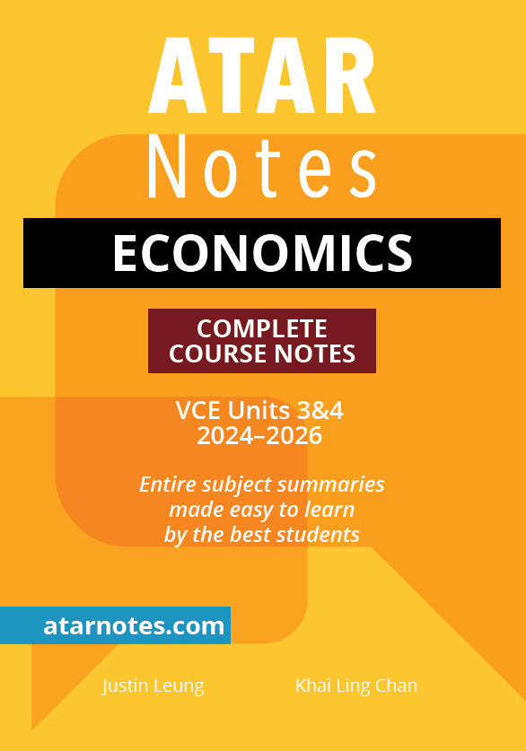 Yellow and orange Economics Course Notes by ATAR Notes, titled "Complete Course Notes VCE Units 3&4 2024-2026."