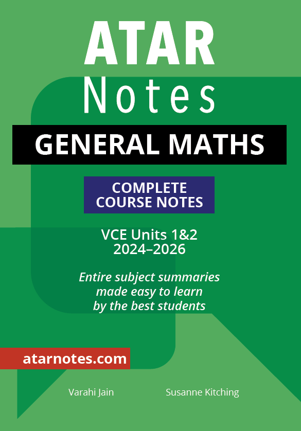 Green course notes by ATAR Notes for VCE General Maths 1&2, featuring bold white and black text.