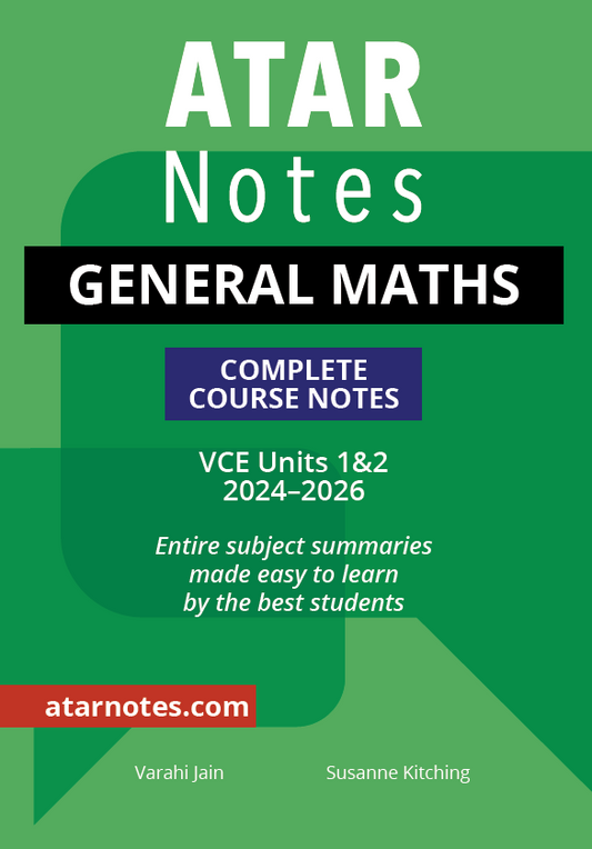 Green course notes by ATAR Notes for VCE General Maths 1&2, featuring bold white and black text.