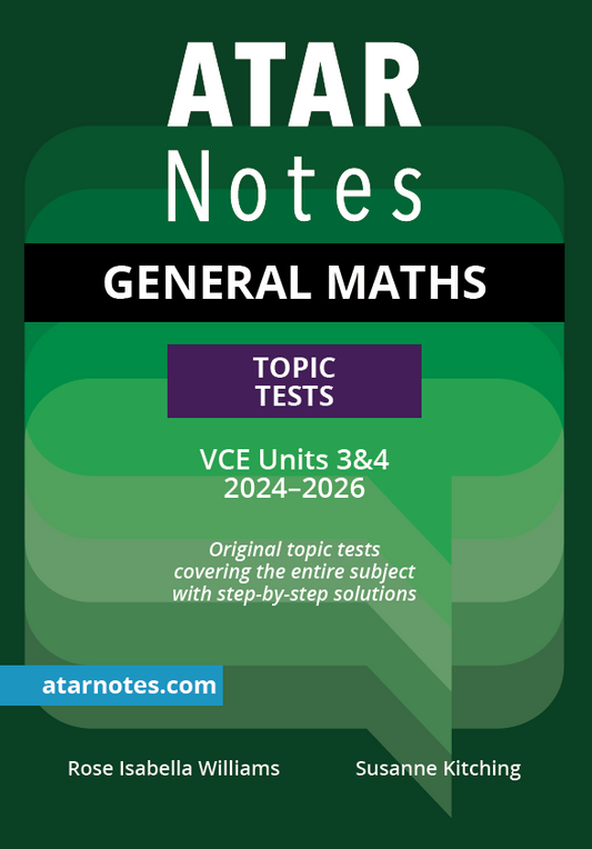 General Maths Topic Tests by ATAR Notes for VCE Units 3&4 2024-2026, with a green and purple book cover design.