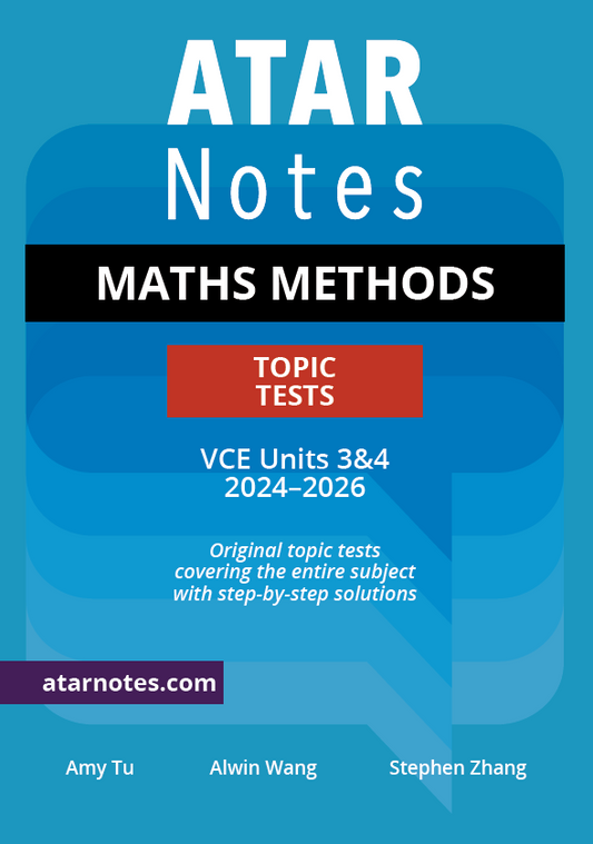 VCE Maths Methods 3&4 Topic Tests (2024-2026) by ATAR Notes, featuring a blue cover with prominent white text and a red 'Topic Tests' box.