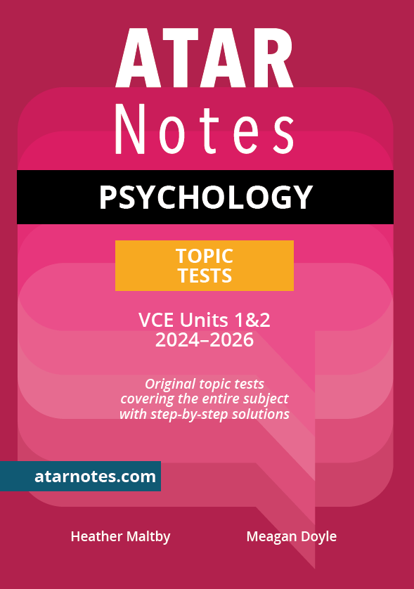 VCE Psychology Topic Tests book by ATAR Notes, with a magenta and pink cover, white text, a black 'PSYCHOLOGY' bar, and an orange 'TOPIC TESTS' block for 2024-2026.