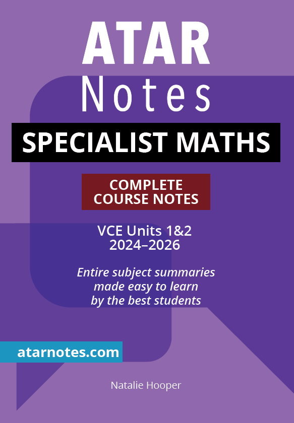 Purple VCE Specialist Maths 1&2 Complete Course Notes (2024-2026) by ATAR Notes, with white text, black and red bars, and author Natalie Hooper.