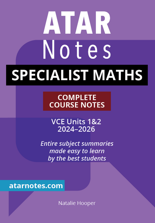 Purple VCE Specialist Maths 1&2 Complete Course Notes (2024-2026) by ATAR Notes, with white text, black and red bars, and author Natalie Hooper.