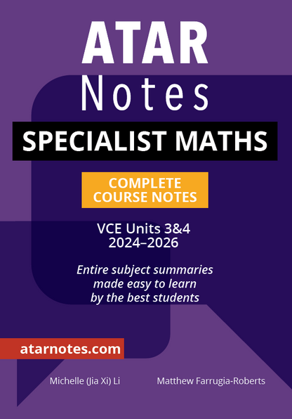 Purple complete course notes by ATAR Notes, titled 'Specialist Maths VCE Units 3&4' with an orange 'Complete Course Notes' box.