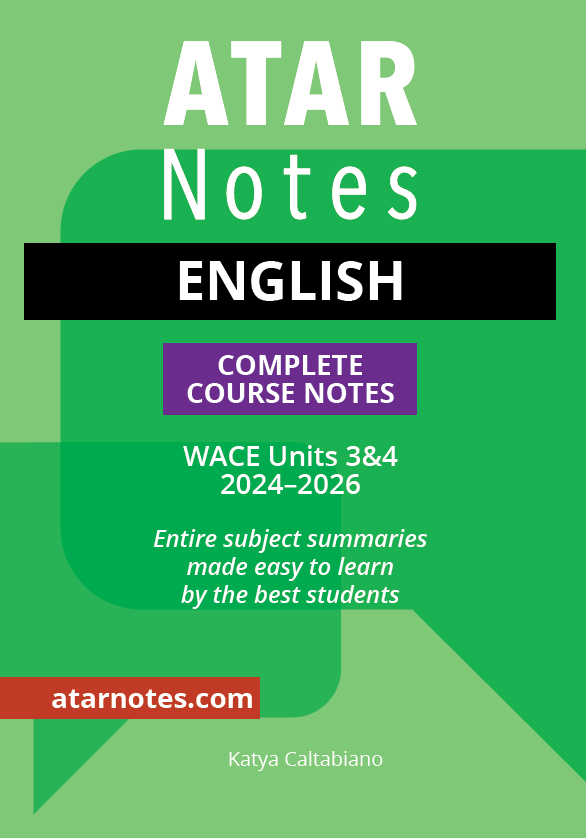 English complete course notes with a green and white cover by ATAR Notes, featuring purple and black text blocks and author Katya Caltabiano.