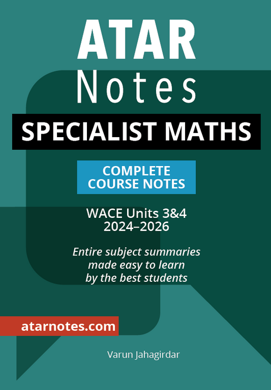 Specialist Maths 3&4 course notes by ATAR Notes, front cover in dark green with white and blue text for WACE Units 3&4 (2024-2026).