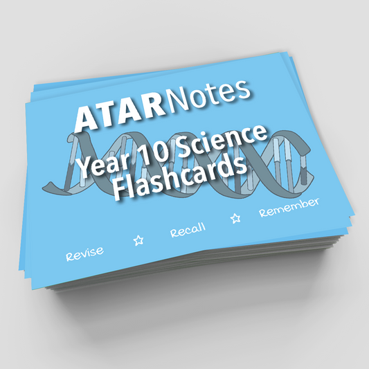 Blue stack of Year 10 Science flashcards by ATAR Notes, featuring a grey DNA helix and learning method words.