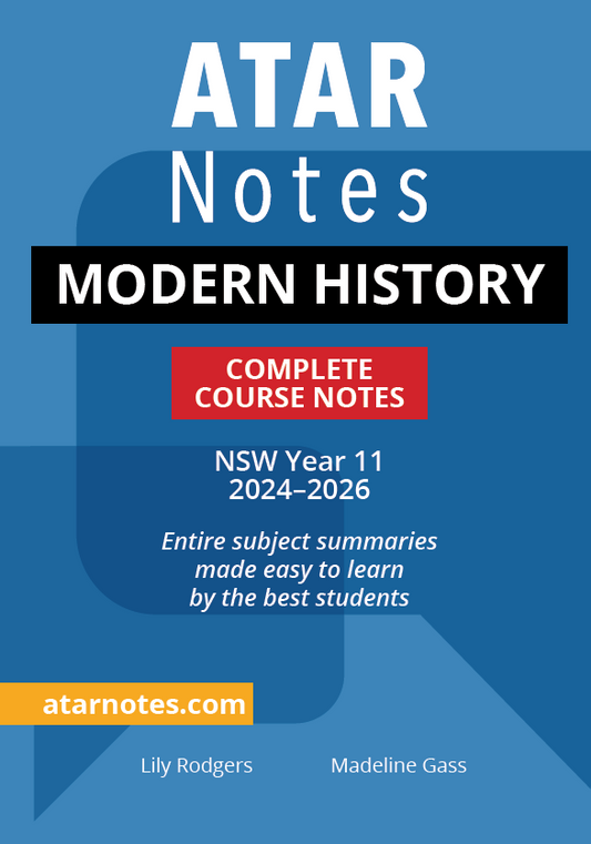 Modern History complete course notes by ATAR Notes, a blue cover with white, black, and red text for NSW Year 11 2024-2026.