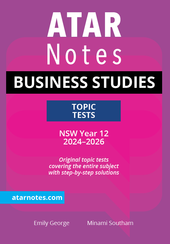 A Year 12 Business Studies Topic Tests book by ATAR Notes, featuring a purple and pink cover with prominent white 'ATAR Notes' and 'BUSINESS STUDIES' text.