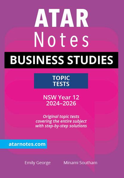 A Year 12 Business Studies Topic Tests book by ATAR Notes, featuring a purple and pink cover with prominent white 'ATAR Notes' and 'BUSINESS STUDIES' text.
