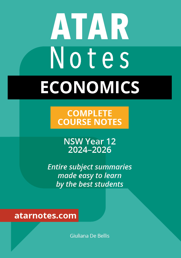 Economics course notes by ATAR Notes with a teal cover, white text, and prominent black and orange title boxes.