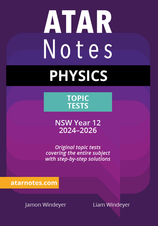 Purple Physics Topic Tests book cover by ATAR Notes, featuring teal, black, and orange sections.